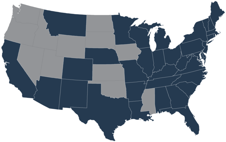 US map with states colored in blue showing the states we work in
